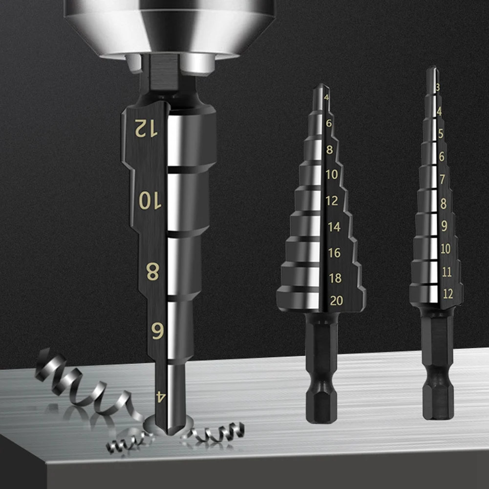 

A76K 4Pcs 3-12 4-12 4-20Mm HSS Straight Groove Step Drill Bit Nitride Twist Drill Wood Metal Hole Cutter Core Drilling Tools