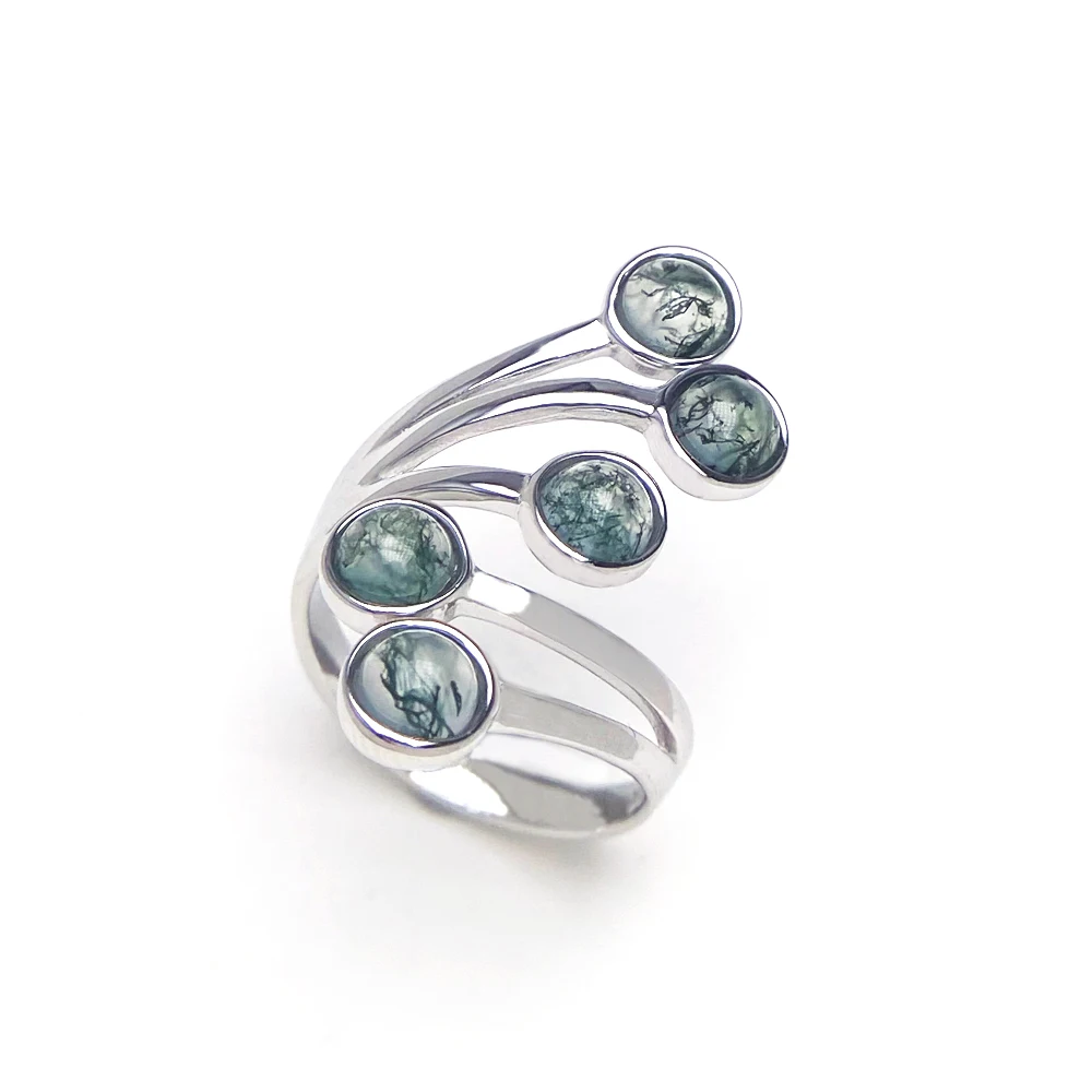 Trendy Natural Moss Agate Adjustable Rings Sterling 925 Silver Gemstone 5mm for Women Lady Birthday Party Fine Jewelry Gift