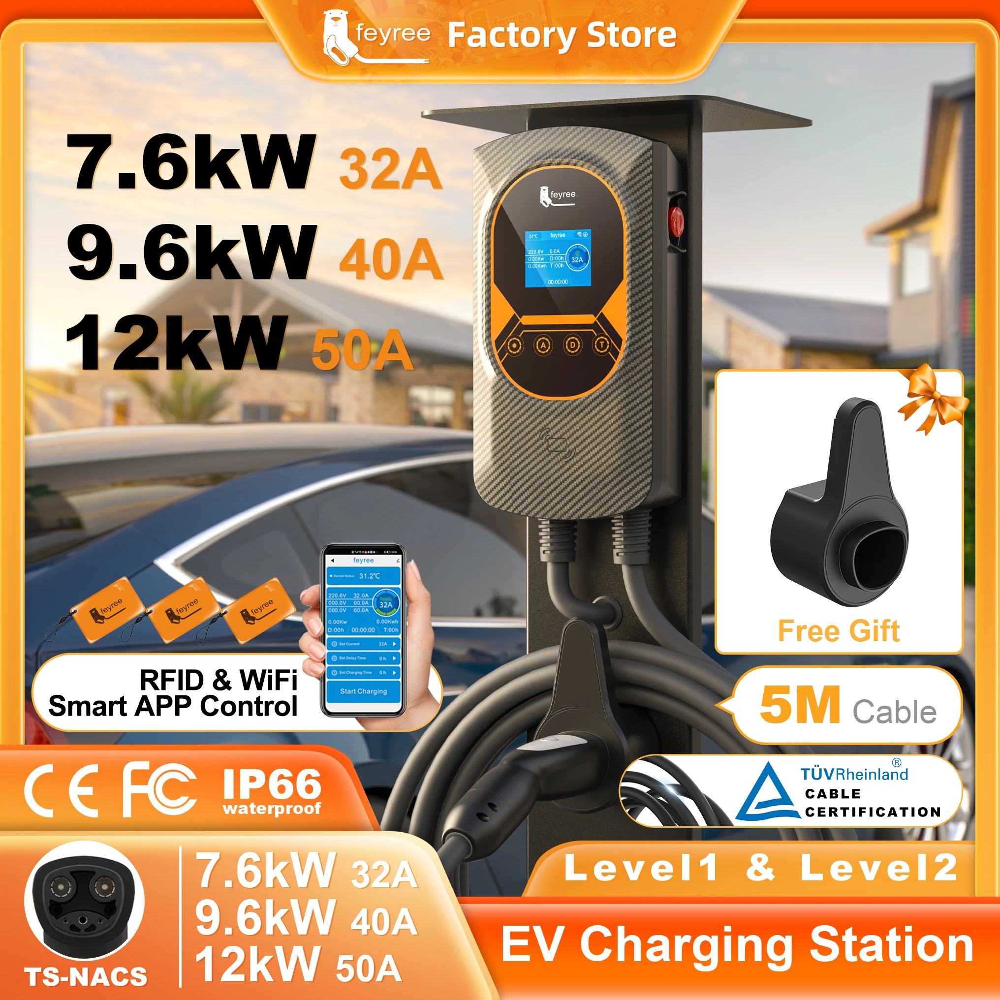 Feyree-estación de carga EV Tesla NACS EVSE Wallbox 32A, 7,6 kW, 40A, 9,6 kW, 50A, 12KW, 1 fase, 5M, Control por aplicación para vehículo eléctrico