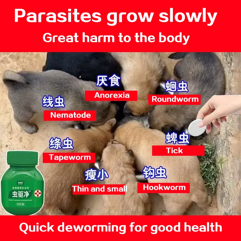 Frango, pato, porco, vaca, cão de estimação, gato, desparsação interna e externa, minhoca, carrapato, hookworm, minhoca, essência vegetal