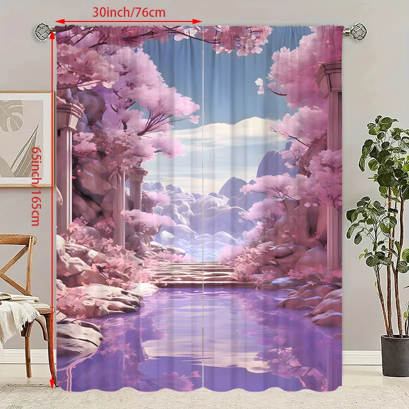 2Pcs- Pink Cherry blossom - Printed curtain, polyester translucent curtain - suitable for bedroom curtains