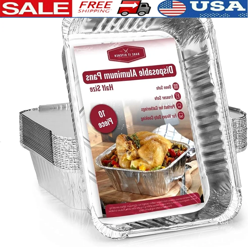 

Disposable Heavy Duty Aluminum Pans 10 Pack Extra Strength 9x13 Cooking Roasting Baking Deep Tin Cookware Convenient Clean Up