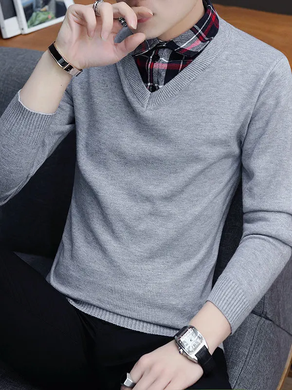 

Мужской вязаный свитер-толстовка с воротником-стойкой, имитация двухслойного, зимний, однотонный, базовый слой, модный, из полиэфирного волокна