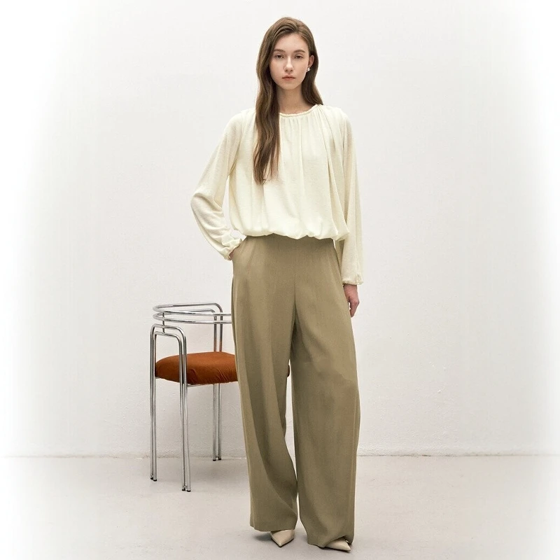 

Элегантные женские брюки из шелкового шифона в корейском стиле: гладкая драпировка, ощущение прохлады, универсальные, прямые штанины, на молнии, с естественной линией талии, для повседневной носки.