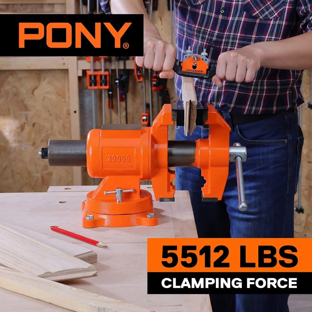 

Сверхмощные настольные тиски, ширина и открытие 5 дюймов, поворотное основание на 360 градусов с наковальней, домашние тиски для комбинированных труб