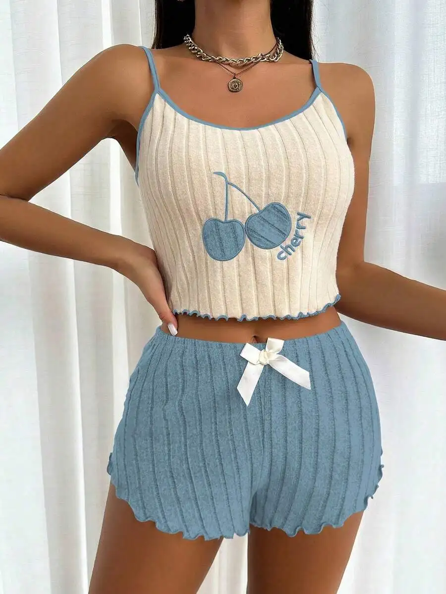 Women Cherry Embroidered Ribbed Cami And Shorts Loungewear Set