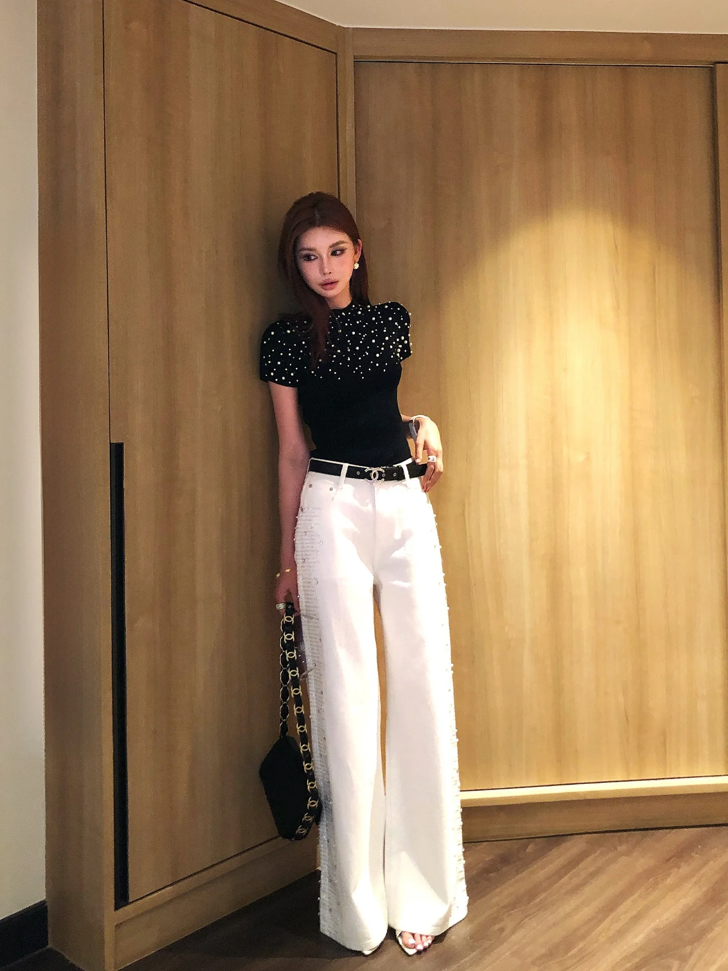 

Lililiwj Original Korean Sle Pearl Embellied Heavy Du Rhinestone Denim Pants High Waist Wide Leg Pure Cotton Jeans