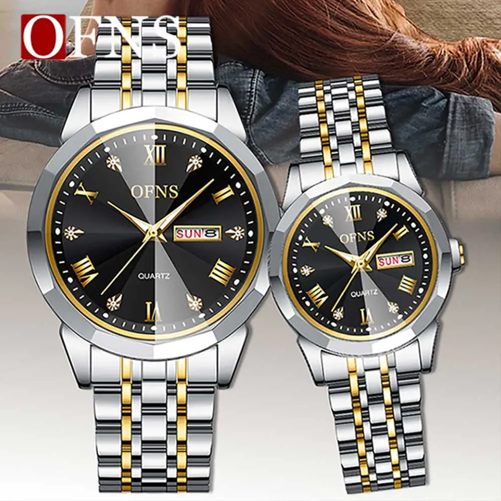 OFNS Top Luxury Business Couple Watches Waterproof Luminous Stainless Steel Quartz Watch Men Women Fashion Lovers Casual Watch