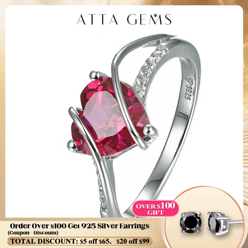 ATTAGEMS Heart Shape Ruby 925 Sterling Silver Ring 2.5 Carats Women Love Ring for Party Wedding and Engagement Romantic Gift