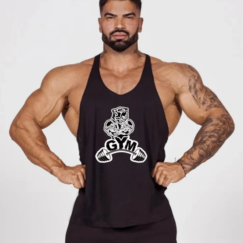 

2025 New Men's Bear & Dumbbell Graphic Gym Vest - Sleeveless Cotton Bodybuilding Fitness Shirt, Sportswear for Workout Training