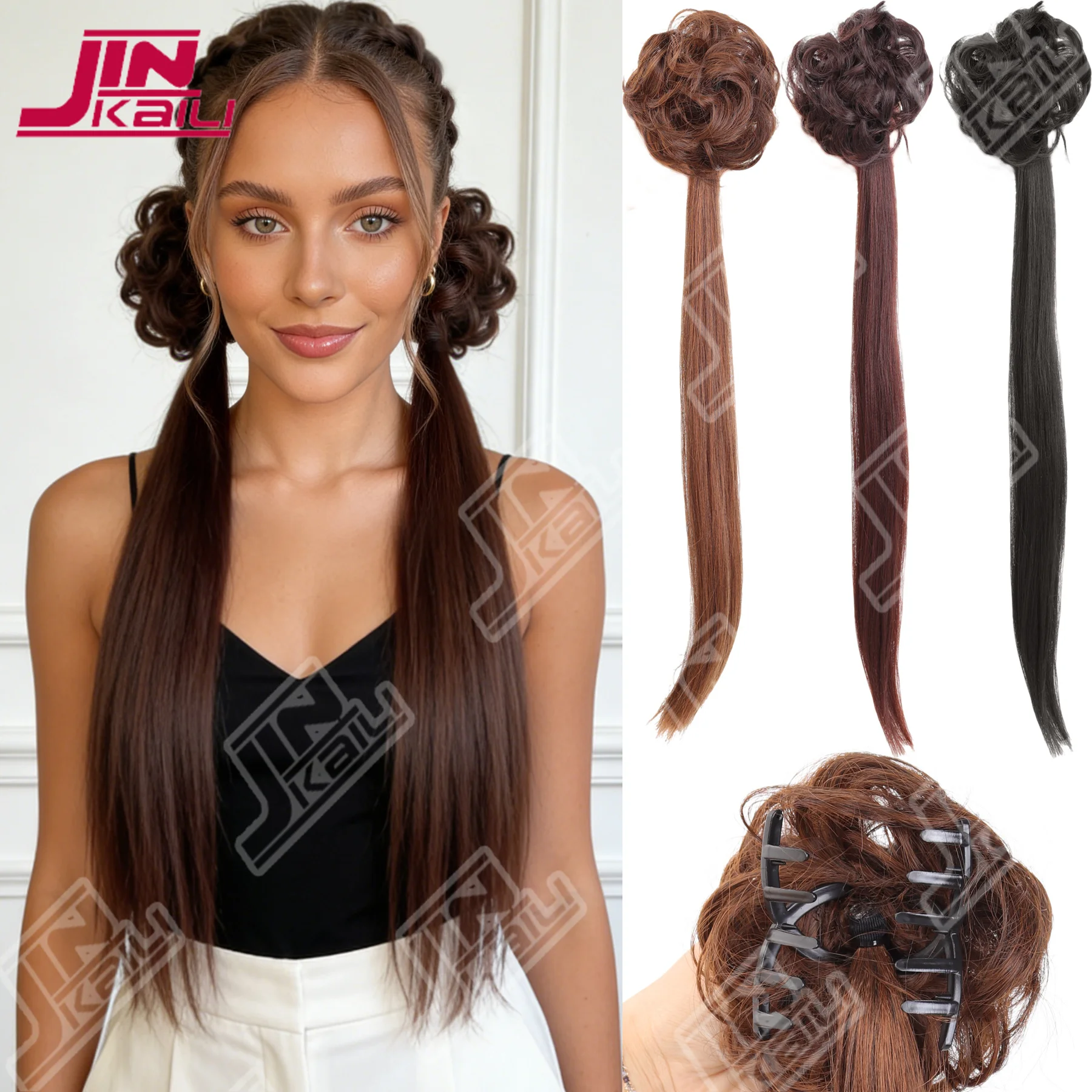 

JKLSynthetic Double Ponytail, Twisted Design Claw Clip Fluffy Black Double Ponytail Hair Extension For Women Daily Party Cosplay