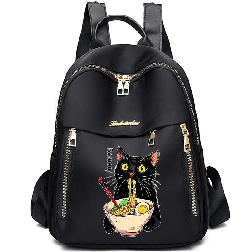 

Fashionable Oxford Cloth Backpack Travel Bag Noodle Ramen Cat Foodie Printed Black Cat Noodle College Style Girl Backpack