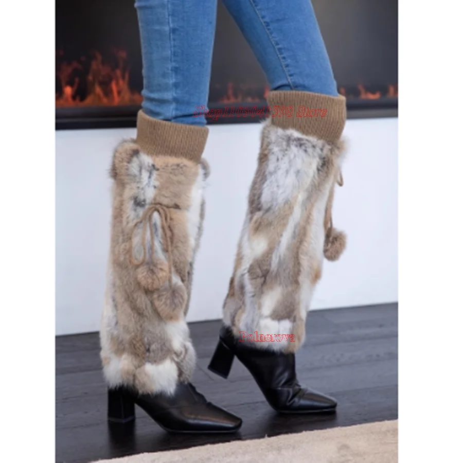 Stylish Furry Leather Patchwork Boots,Square Root Pointed Toe Knee High Boots Elastic Knitted Warm Women's Shoes 2023 Plus Size