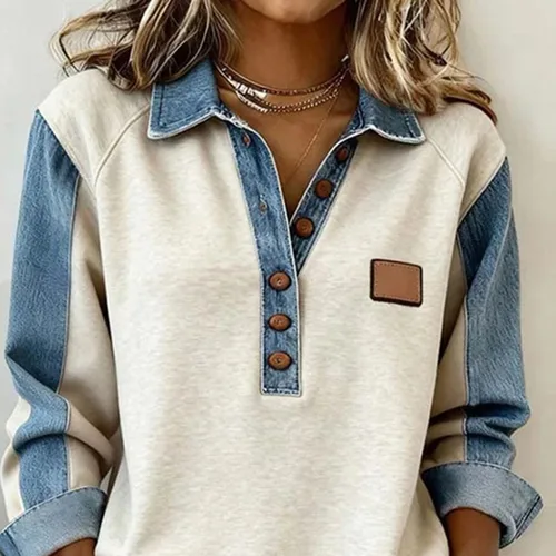 Imagen 2 del producto Camisa informal de mezclilla con cuello de retales y botones para mujer, Top holgado de oficina para primavera, jersey de otoño, Blusa de manga larga, sudaderas Harajuku