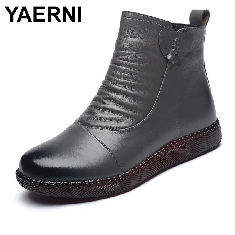 YAERNI Autumn Women's Shoes Leather Boots Women Fashion Winter Boots Women Flats Non-slip Warm Thick-soled Shoes Women