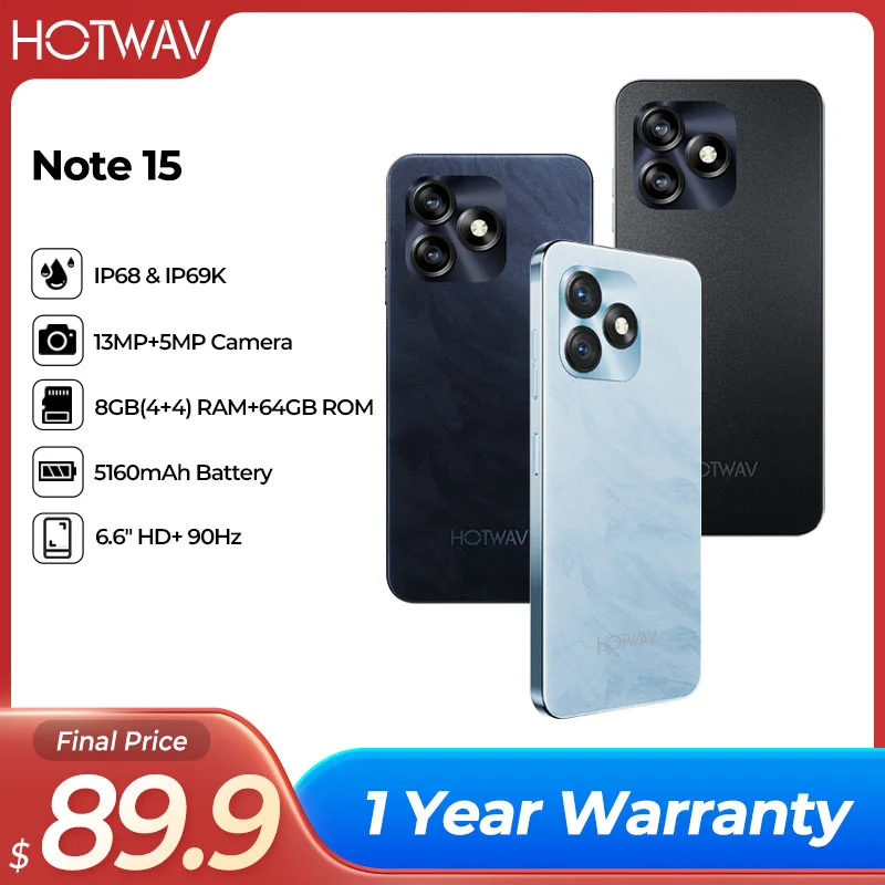 

HOTWAV NOTE 15 Smartphone Android 14 5160mAh large Battery Cellphones 8GB+64GB 13MP+5MP 6.6" HD+Ultra Mobile Similar to IPone