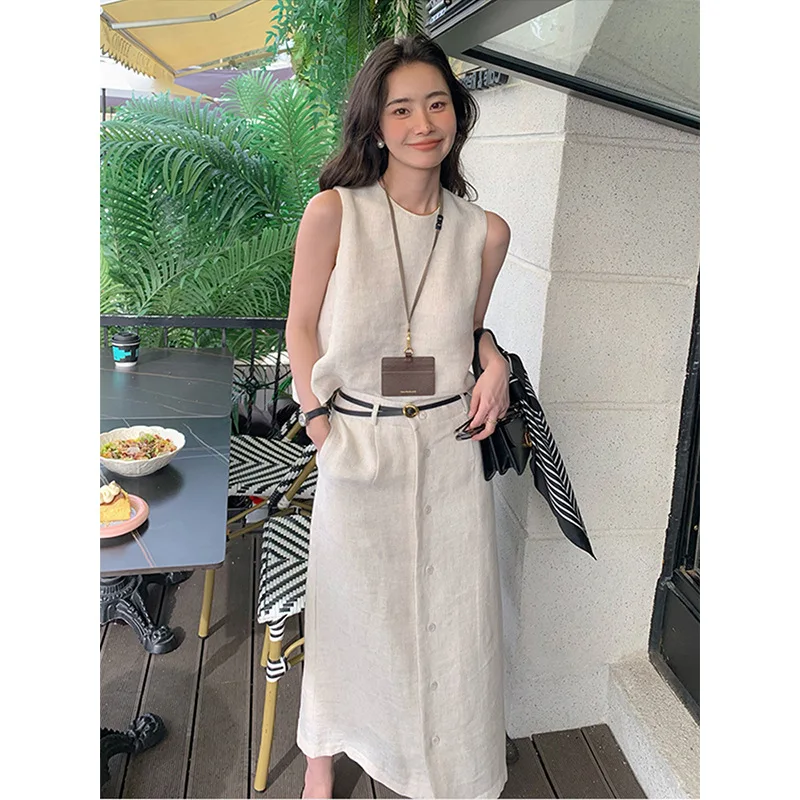 

High-End Linen round Ne Svel Women's Top And Midi Skirt Two-Piece Set Summer Faion Slimming A-Line Skirt Set