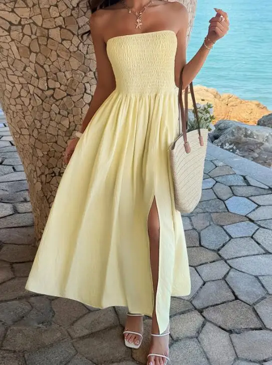 

2026 Spring/Summer New Fashion Spicy Girl Leisure Vacation Strapless Dress Female Shirring Casual High Waist A Line Dresses