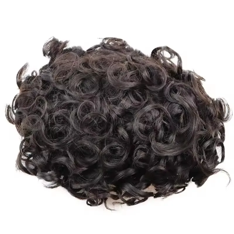 European Human Hair 25mm Curly Man's Toupee Breathable Australian Lace Top PU Around Natural Hairline Black Gray Brown Hairpiece