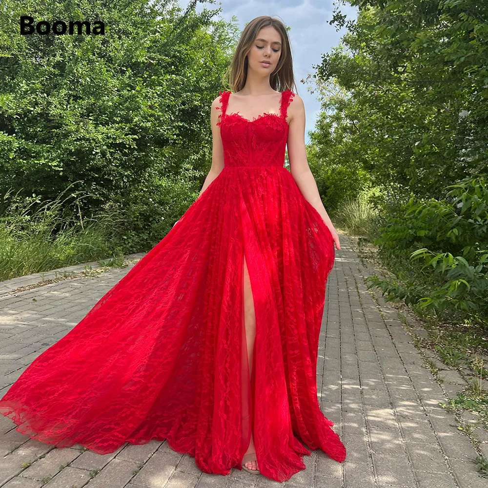 

Booma Red Lace Maxi Prom Dresses Spaghetti Straps Sweetheart Bustier High Slit A-Line Wedding Party Dresses Formal Prom Gowns