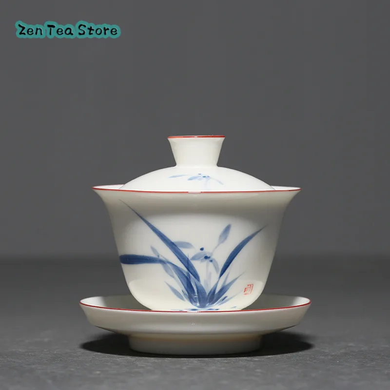 White Porcelain Hand-painted Orchid Cover Bowl Large Underglaze Color Three Tea Bowl Home Chinese Style Not Hot Tea Maker