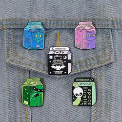Space Milk Enamel Pin Custom Alien Witch Cat Bat Satan Brooch Lapel Badge Universe Drink Jewelry Gift for Kids Friends