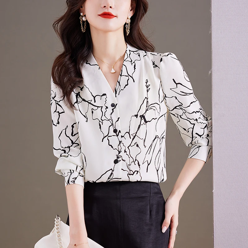 Women Korean Fashion Abstract Graffiti Print Chic Shirts Office Lady Elegant Commute Blouse Casual V Neck Long Sleeve Loose Tops