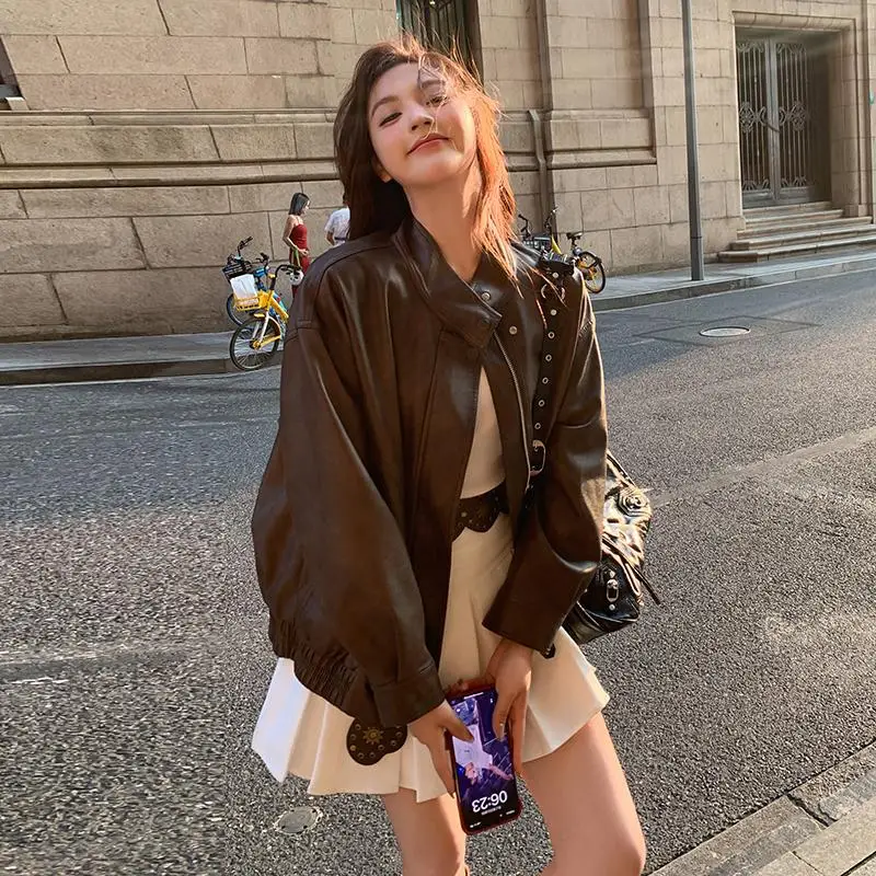 

Elegant Brown Leather Coat Women Short New Leather Coat