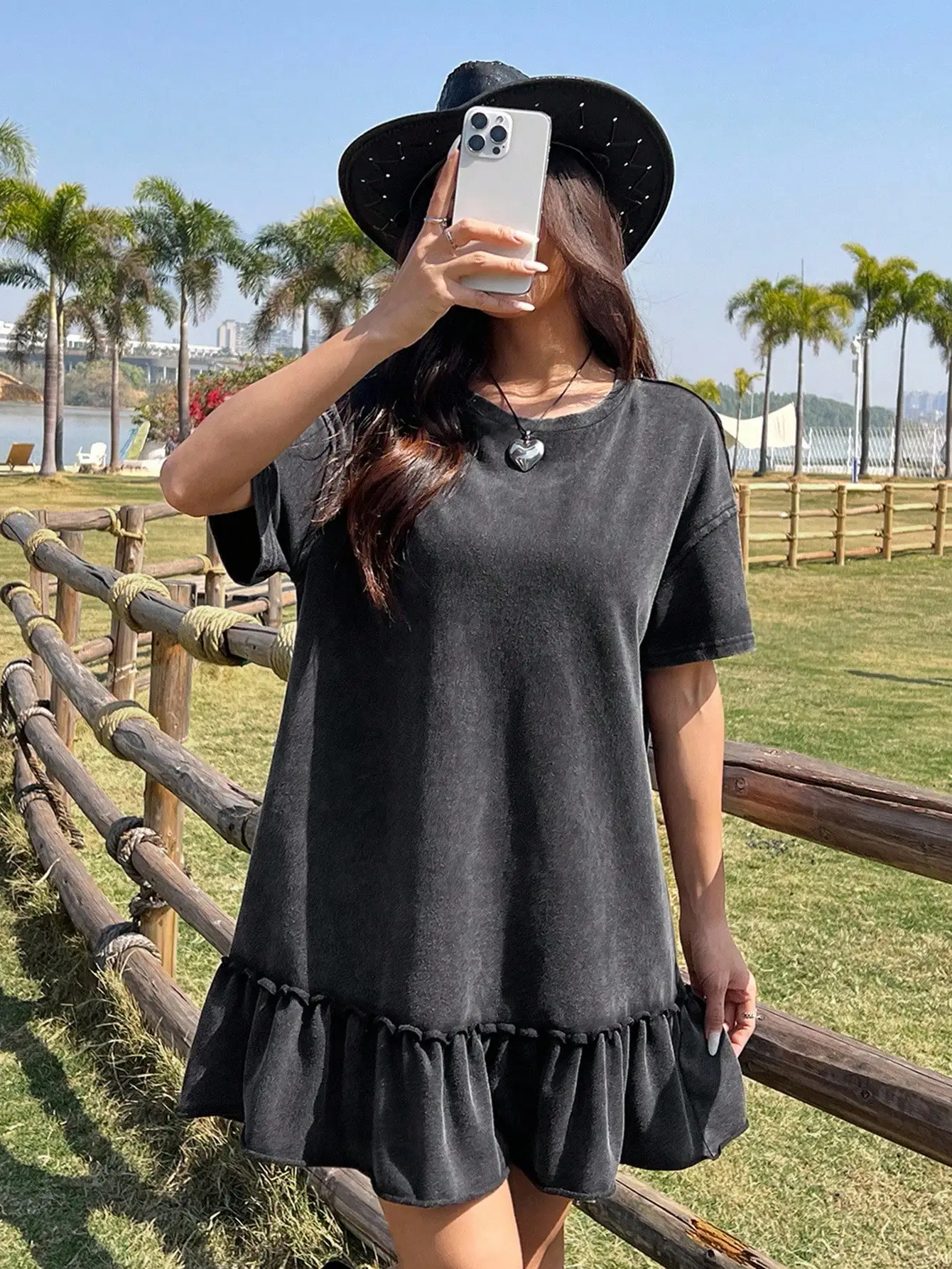 Women Summer Round Neck Short Sleeve Ruffled Hem Casual Dress Black