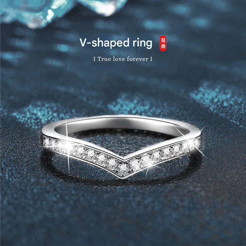 

925 Sterling Silver V-Shaped Ring, Women's Moissanite Stackable Rings, Full Diamond Luxury Simple Elegant Jewelry Gift