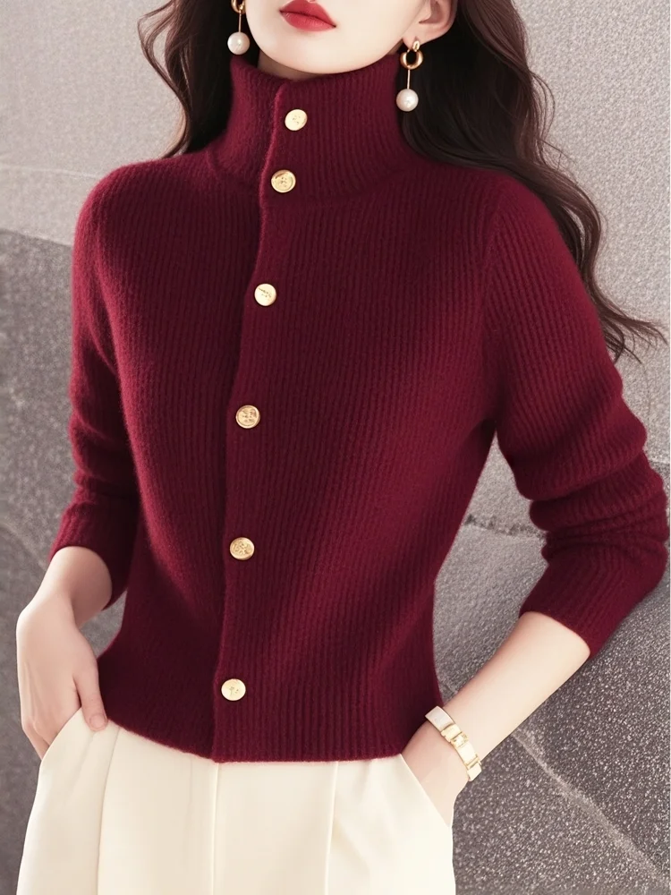 Autumn Winter Women Clothing Women's Red High Neck Knit Sweater Lazy Luxe Feel Elegant Chic Pullover Tops