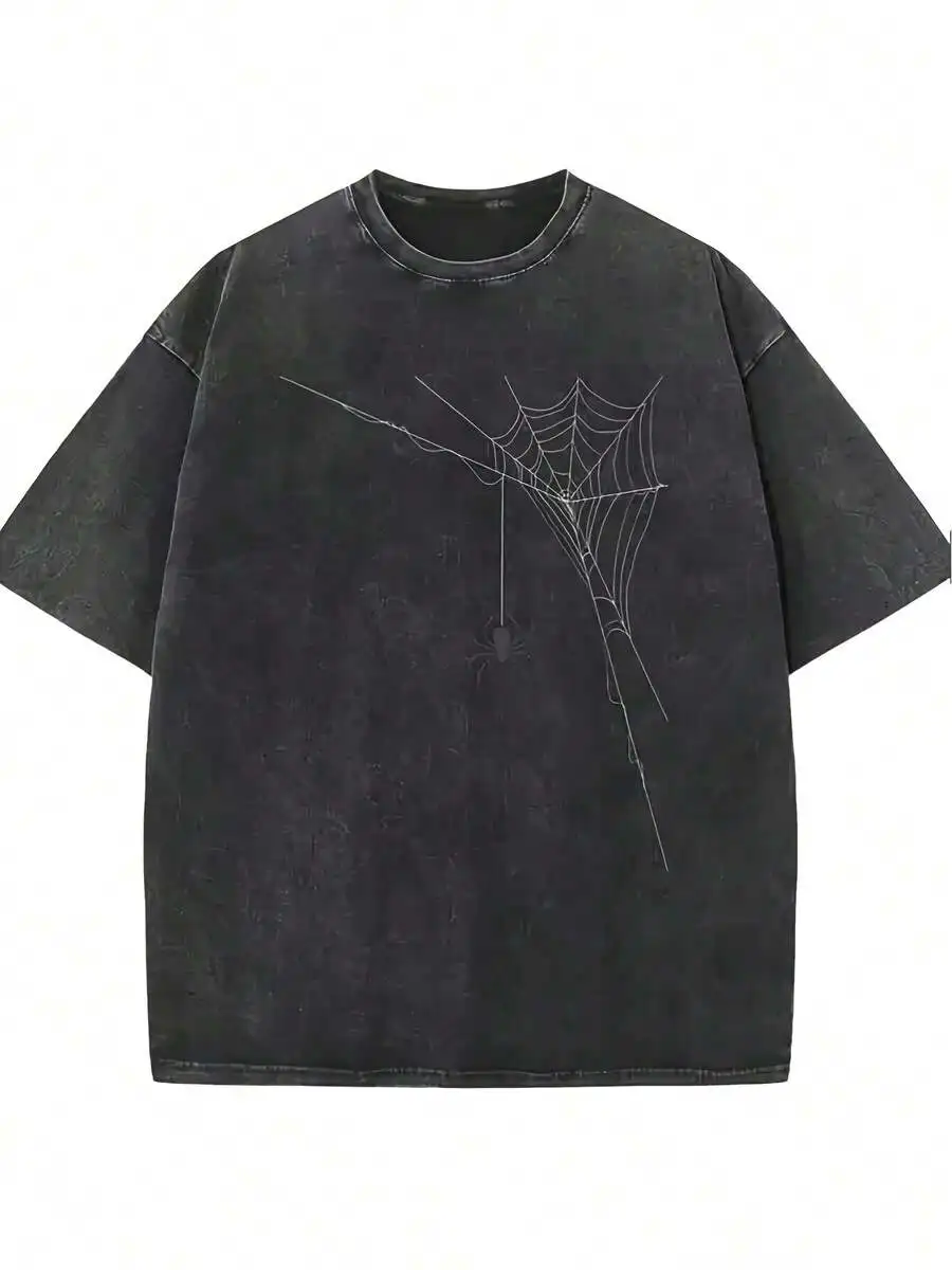 Retro Faded Oversize Cotton Graphic Tee For Men Women, Gothic Spider Web Dark Pattern, All-Match Daily Streetwear Tops, Unique Novelty Holiday Present