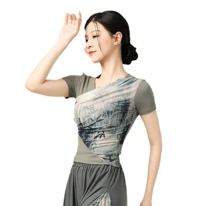Abiti per la pratica della danza classica cinese, top a maniche corte aderenti per adulti, insegnante di danza moderna, pittura a inchiostro nazionale