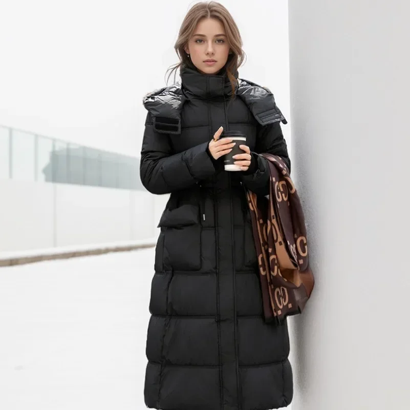 2024 New Winter Thicken Down Cotton Jacket Woman Long Coat Hooded Big Pockets Zipper Waist Drawstring Warm Coat Female Overcoat