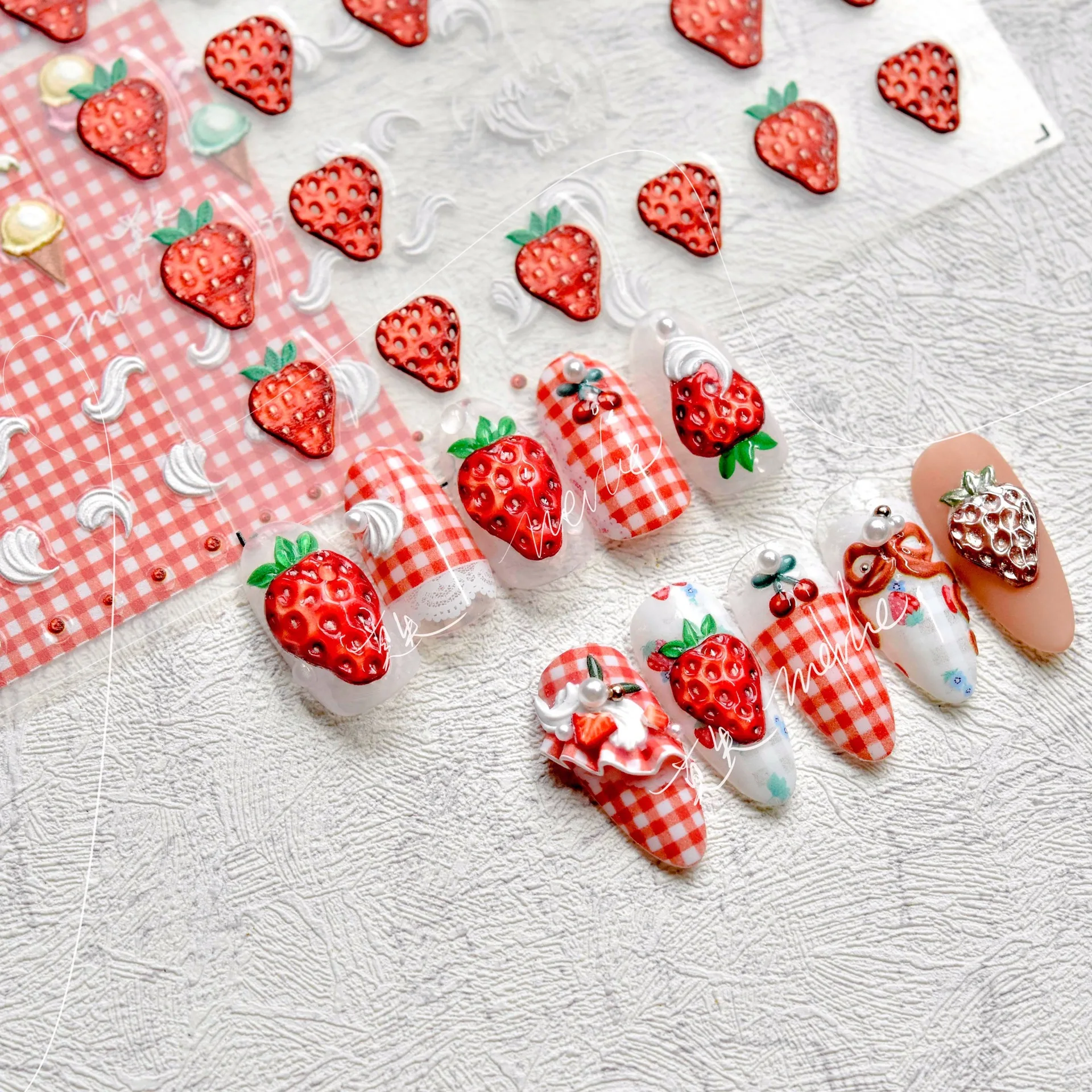 

1Pcs 5D Nail Art Stickers Kawaii Ice Cream Red Strawberry Soft Relief Self-Adhesive Nail Art Stickers DIY Nail Decoration Decals