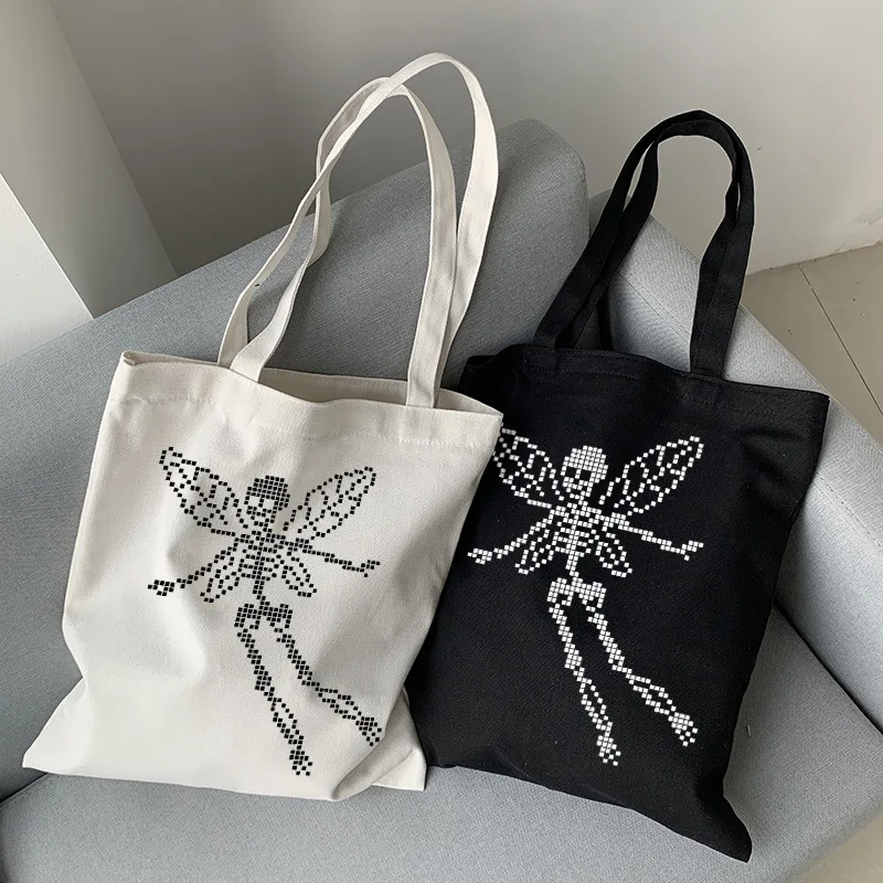 Hip-hop punk Vintage ins women shoulder bag Harajuku butterfly skull print canvas bag gothic casual large-capacity shopper bags