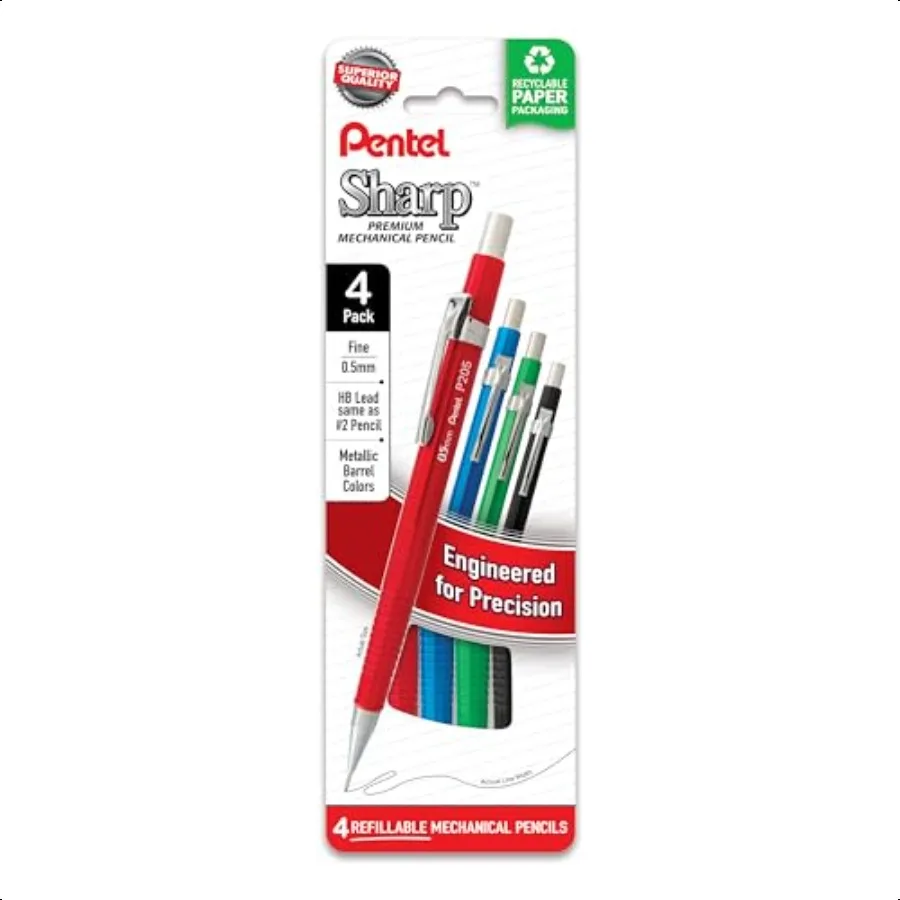 

Pentel Sharp Metallic Mechanical Pencil 0.5mm Fine Line Assorted Colored Barrels Pack of 4 (P205MPF4M)