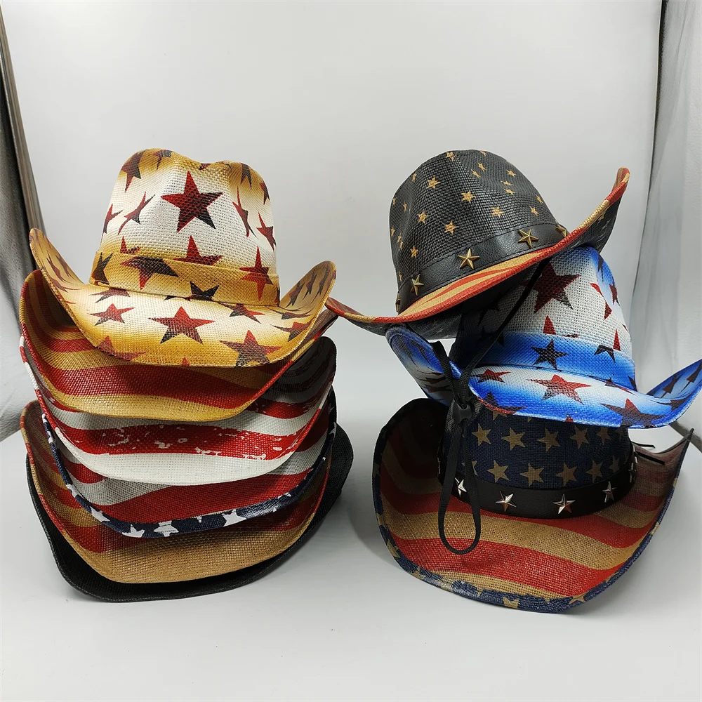 2024 New Denim Hat Tie Dyed Straw Hat Star Jazz Straw Hat Panama Paper Grass American Western Denim Hat Fashion Travel Hat