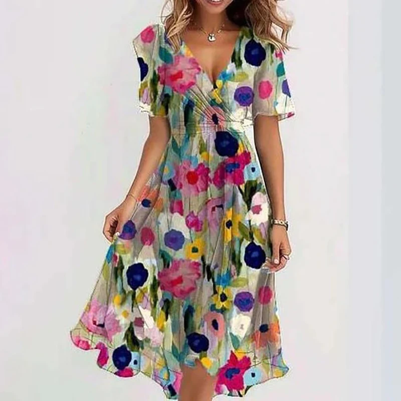 Spring Floral Print Chiffon Women Dresses Elegant V Neck Draped A-Line Party Dress Summer Short Sleeve High-waist Office Dresses