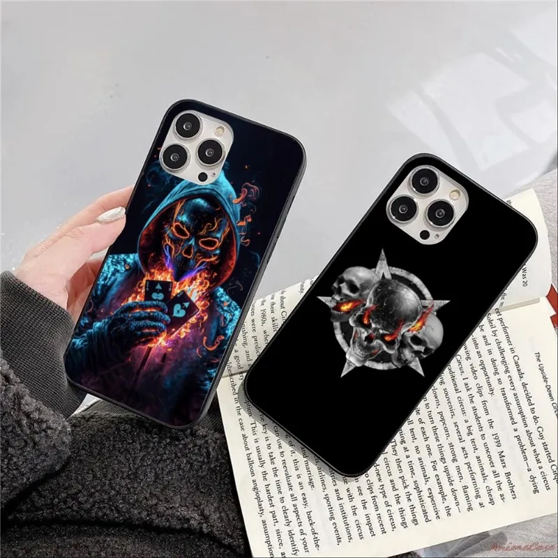 Fire Skull Head Smart Phone Case for iPhone 14 13 12 11 XS X 8 7 6 Plus Mini Pro Max SE 2022 Black Soft Phone Cover Funda