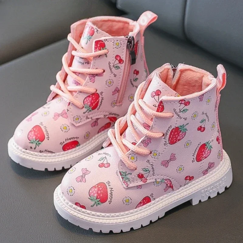 Baby Girls Winter Waterproof Cotton Warm British Style Leather Boots 2023 Autumn Kids Cute Strawberry Booties Children\'s Shoes