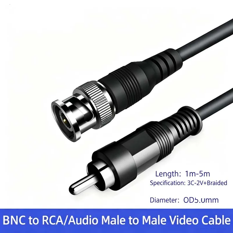 5PCS BNC-to-RCA (Phonicle) Male Surveillance Video Cable—Pure Copper, 75 Ohms, HD Camera, Q9 Connector, AV VCR Connection Cable