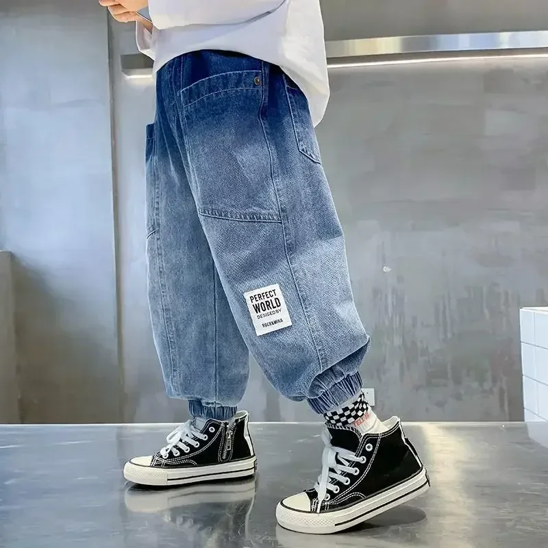 Children's Clothing Teen Boys' Loose Cuffed Jeans Spring Autumn Gradient Label Elastic Waist Causal Fashionable 5-12 Yrs