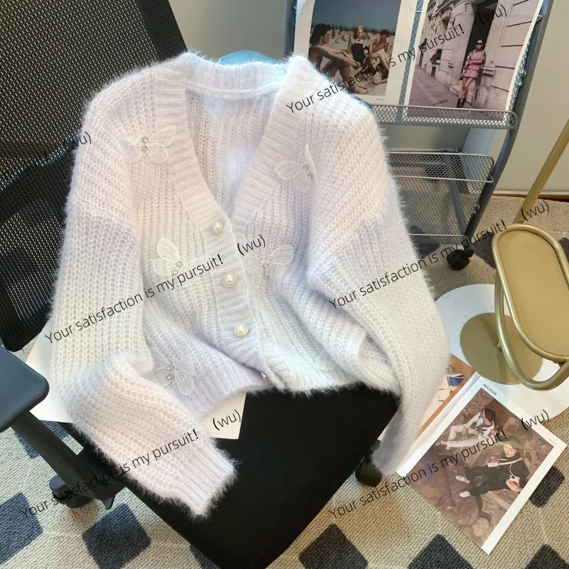Spring and Autumn Women's Sweater Jacket Three-dimensional Butterfly Korean Version Gentle Segment Dyed Knitted Cardigan