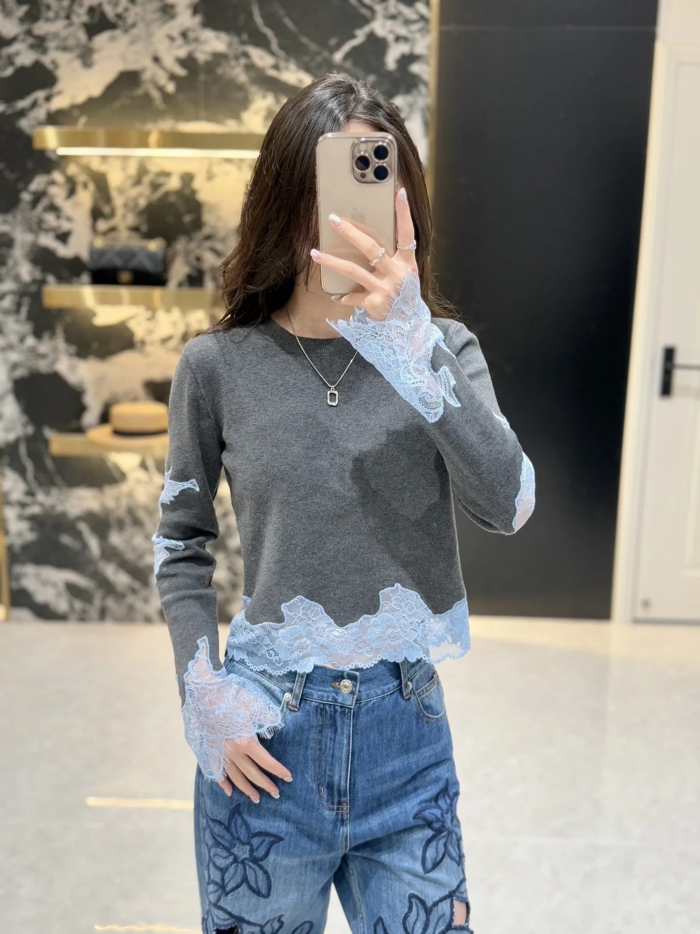

Zoyoyued Luxury Early Autumn ey And Blue Floral Lace Splicing Hollow out round Ne Knitted Sweater Women's Slim Fit Long S...