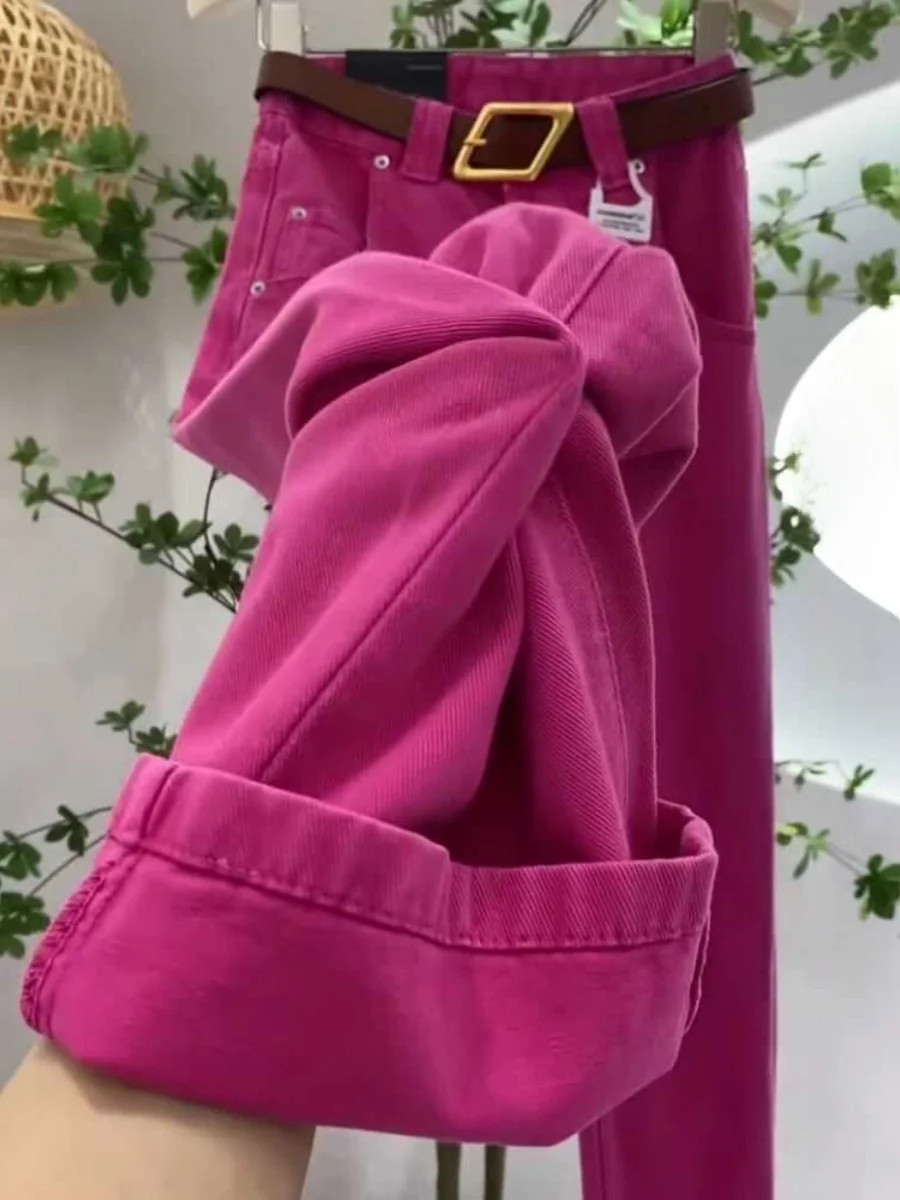 

Dragon Fruit Color Drapey Denim Jeans Women's Summer High Waist Slimming Loose Floor-Length Straight Leg Wide Leg Pants