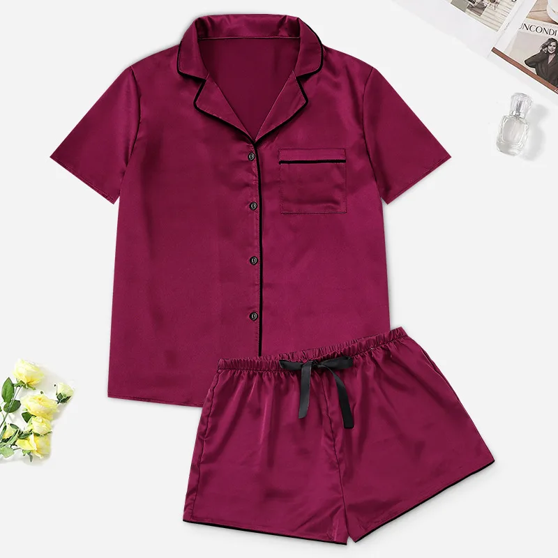 New Female Short Sleeve Shorts Pajamas Set Spring Summer Satin Sleepwer Pijamas Suit Loose Solid Green Home Wear Loungewear
