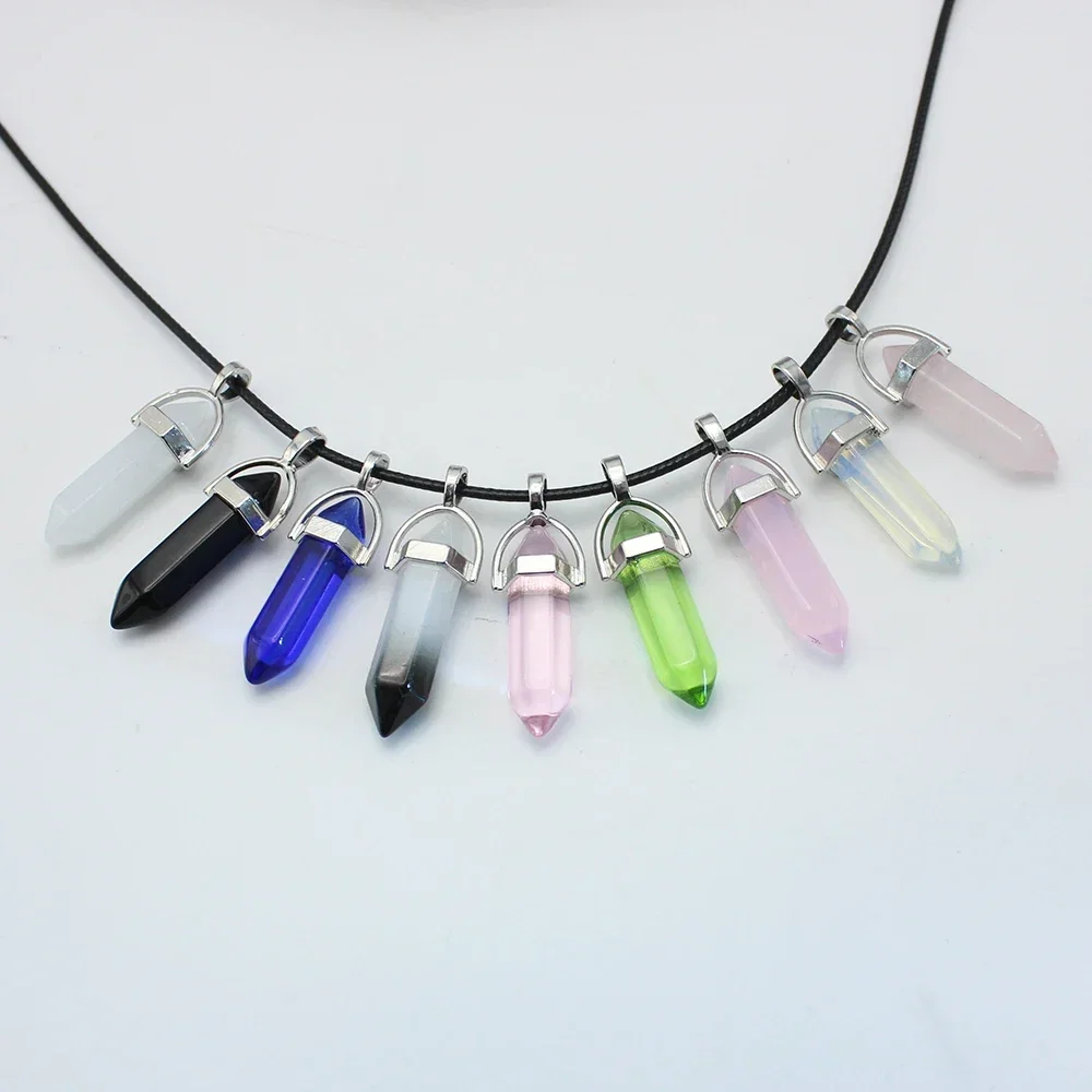 Natural Stone Pendant Necklace Women Girl Gift18inch PU Leather Hexagonal Column Pointed Reiki Chakra Lapis Opal Chunky Jewelry