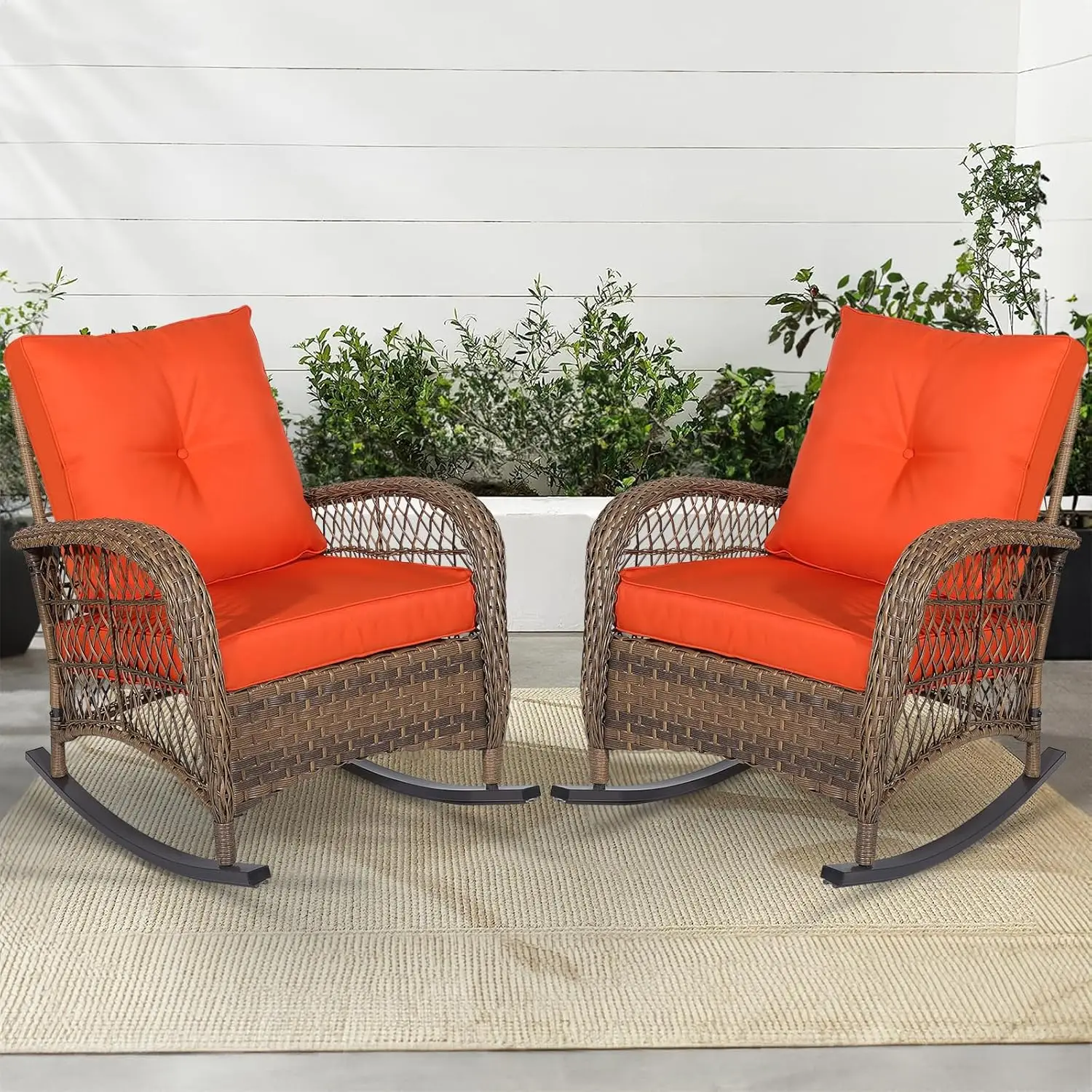 

2-Piece Outdoor Wicker Rocking Chairs with Thick Cushions, Brown/Orange
