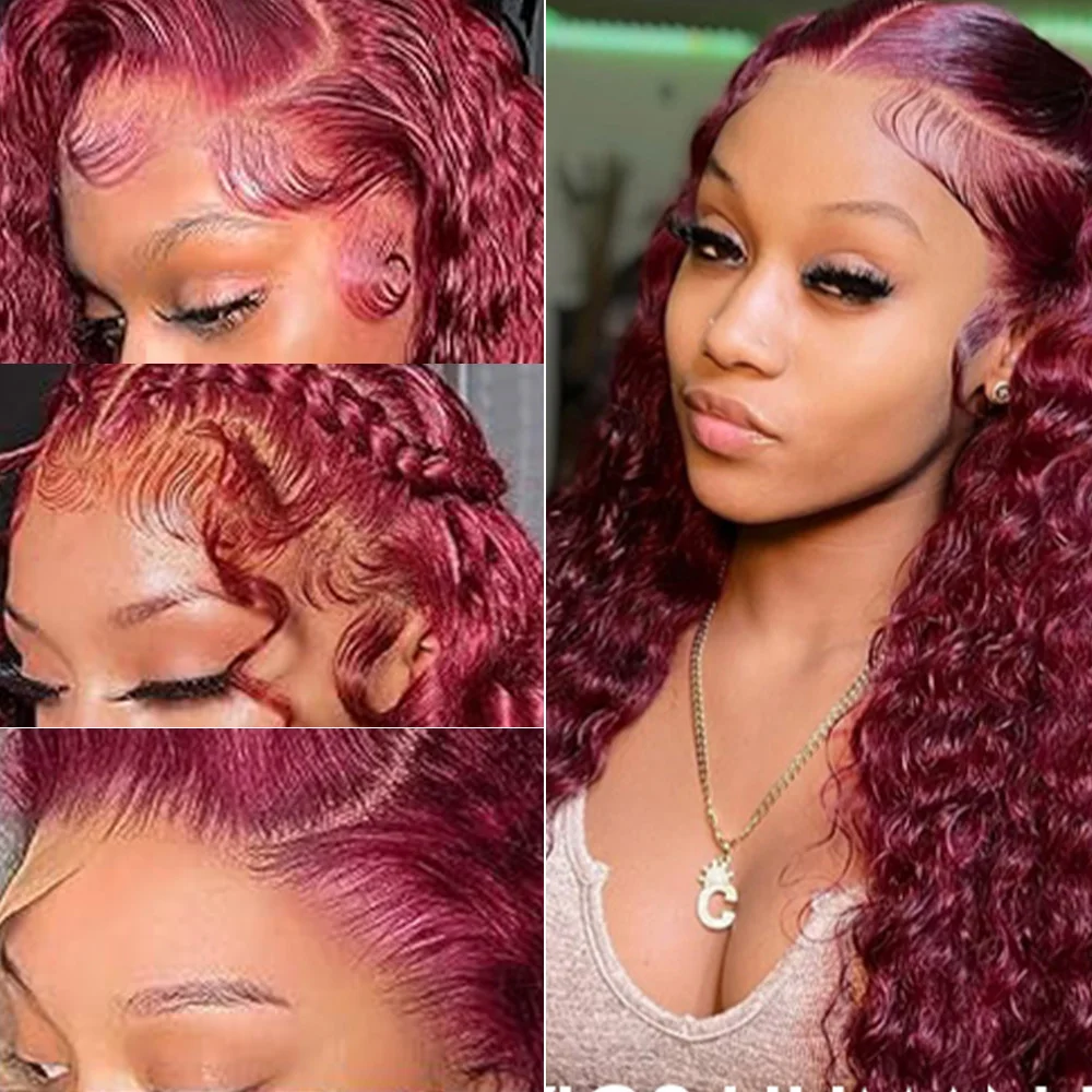 99J Borgogna Onda Profonda 200 Densità 13x4 Frontale Del Merletto Parrucca di Capelli Umani Al 100% 13x6 HD Trasparente Del Merletto Rosso Ricci Parrucche Anteriori Per Le Donne